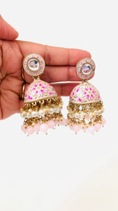 Kundan Pearl Handpainted Meenakari Jhumka Earrings | Traditional Ethnic Jewelry