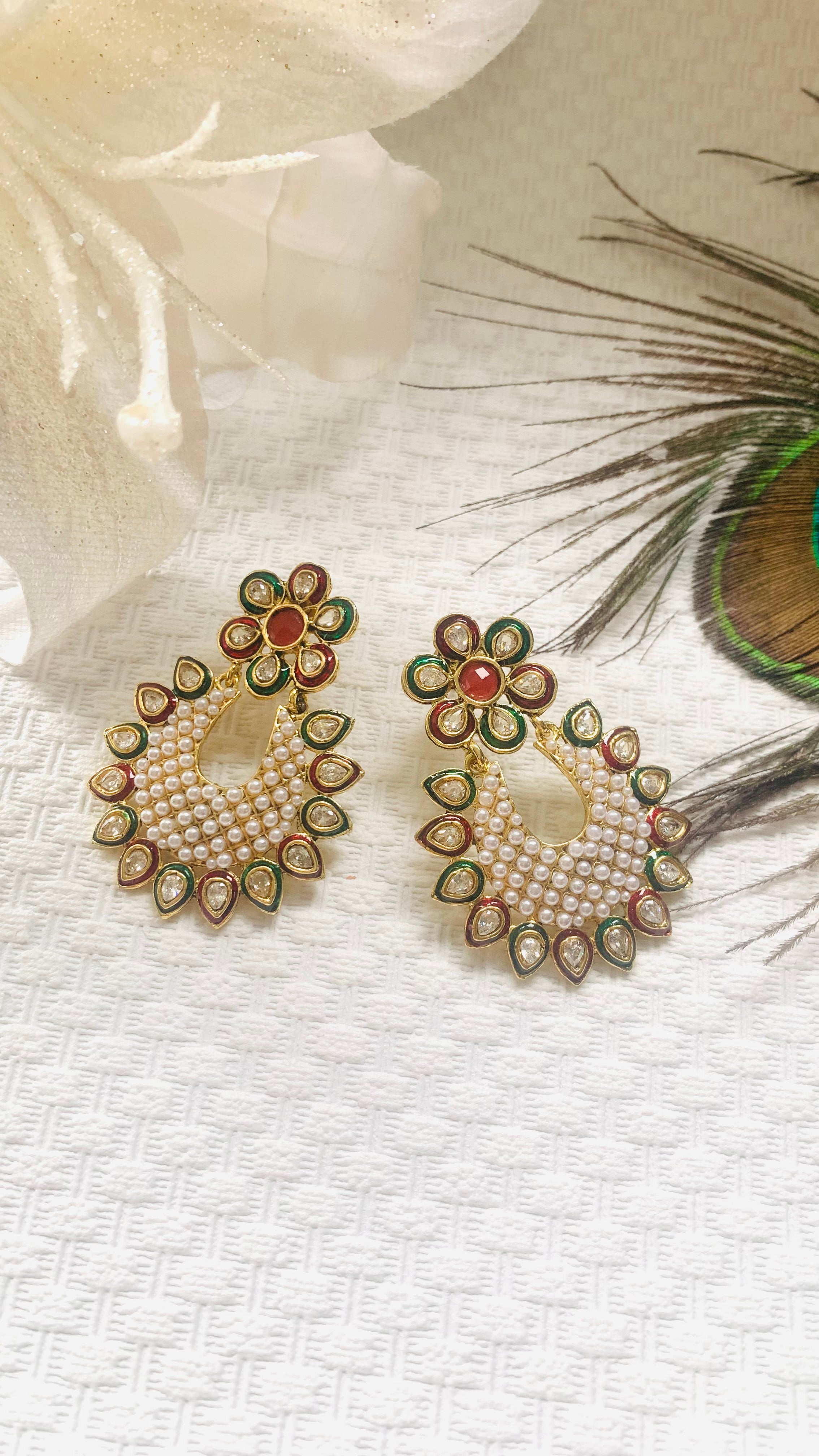 Cubic zirconia meenakari moti earrings