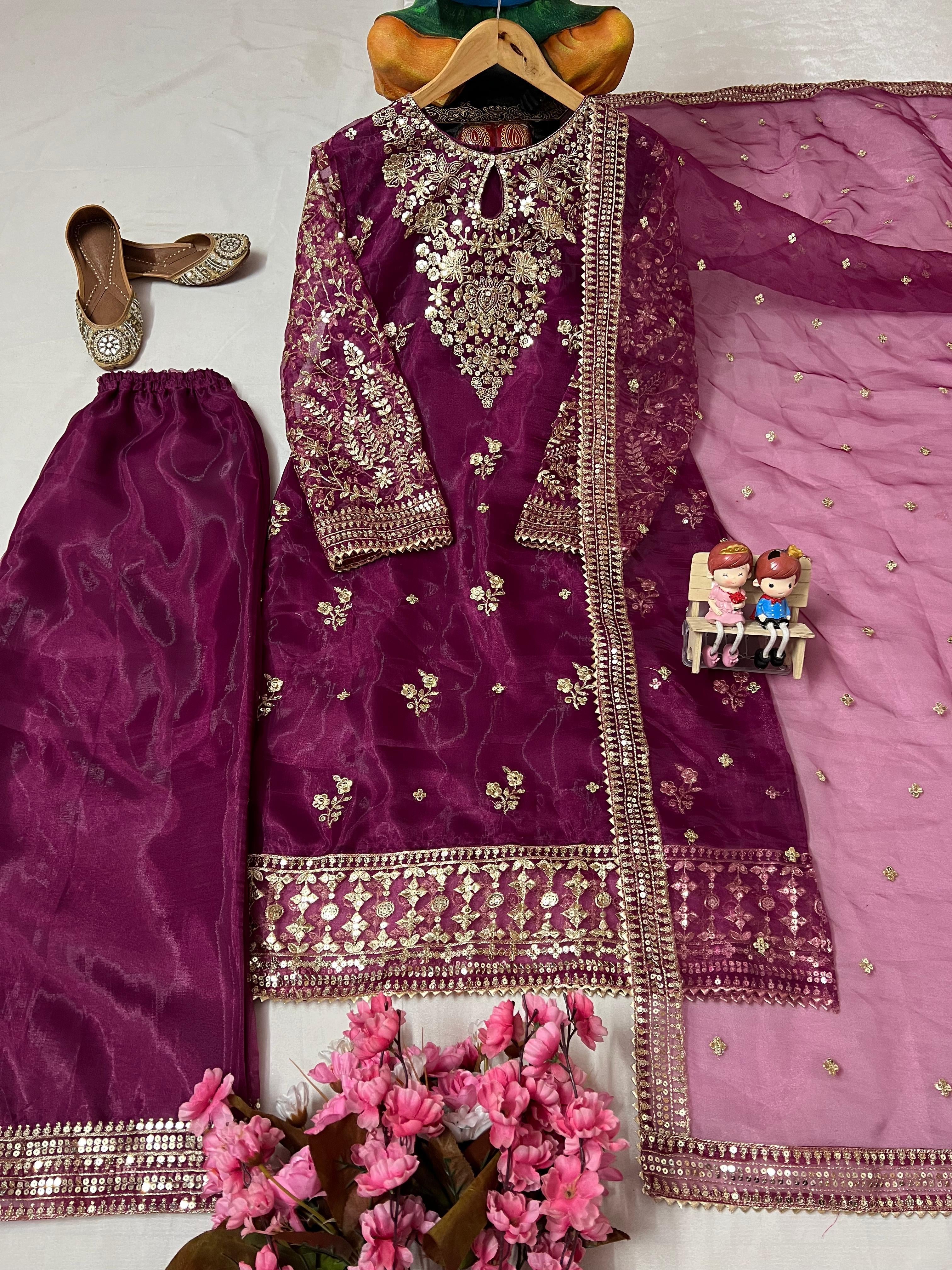 Organza Silk Kurti-Plazzo Set with Zari & Sequins Work - LC 1371