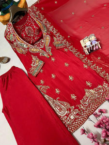 Red embroidered Partywear suit fully stitched