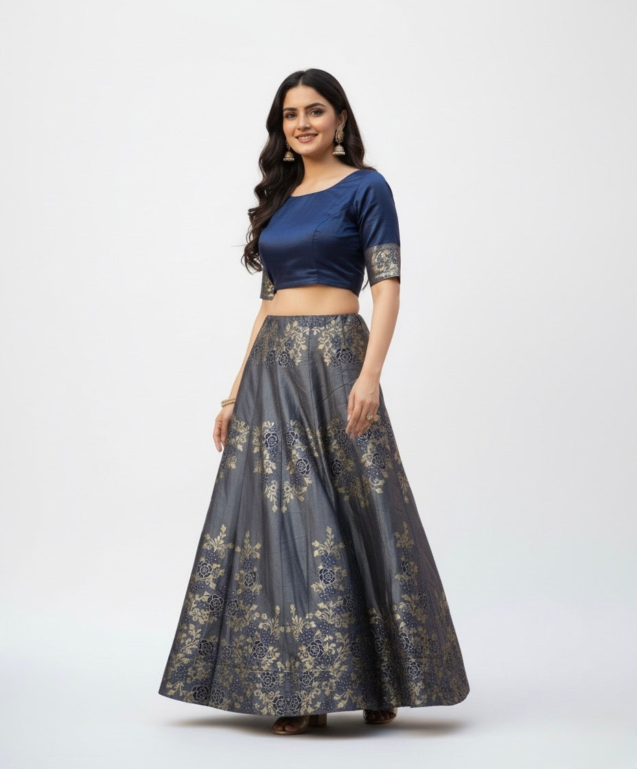 Elegant Banarasi Silk Skirt – Charcoal Gray with Golden Floral Zari Work