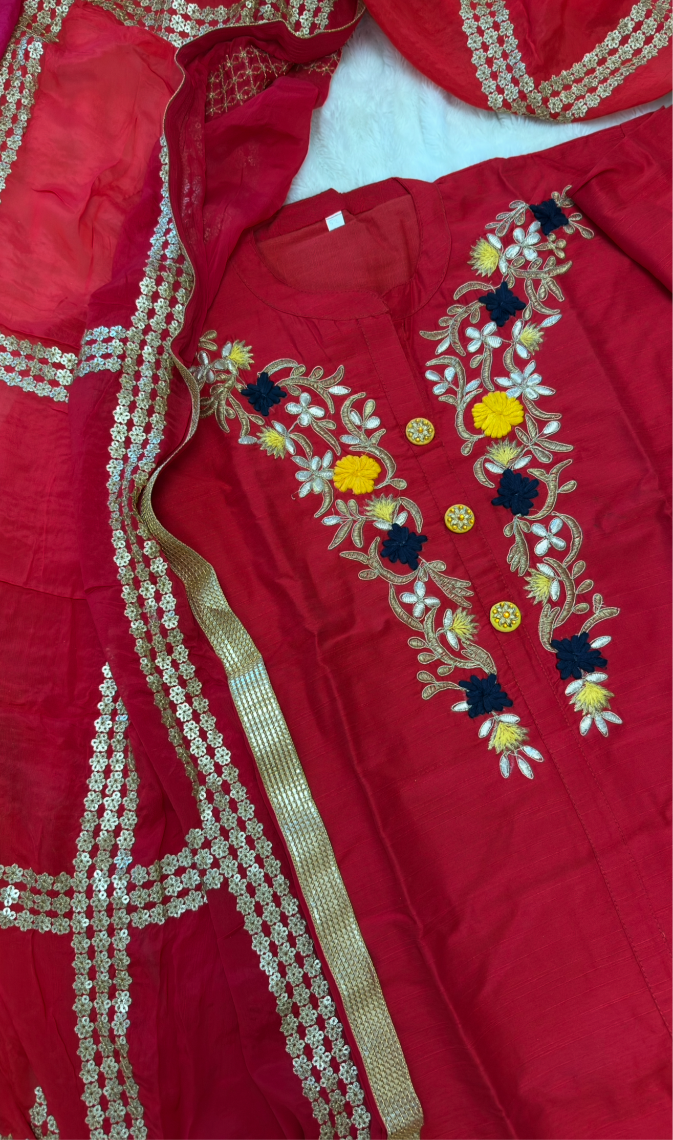 Elegant Plus Size Red Silk Kurta Set with Embroidered Neckline & Contrast Dupatta