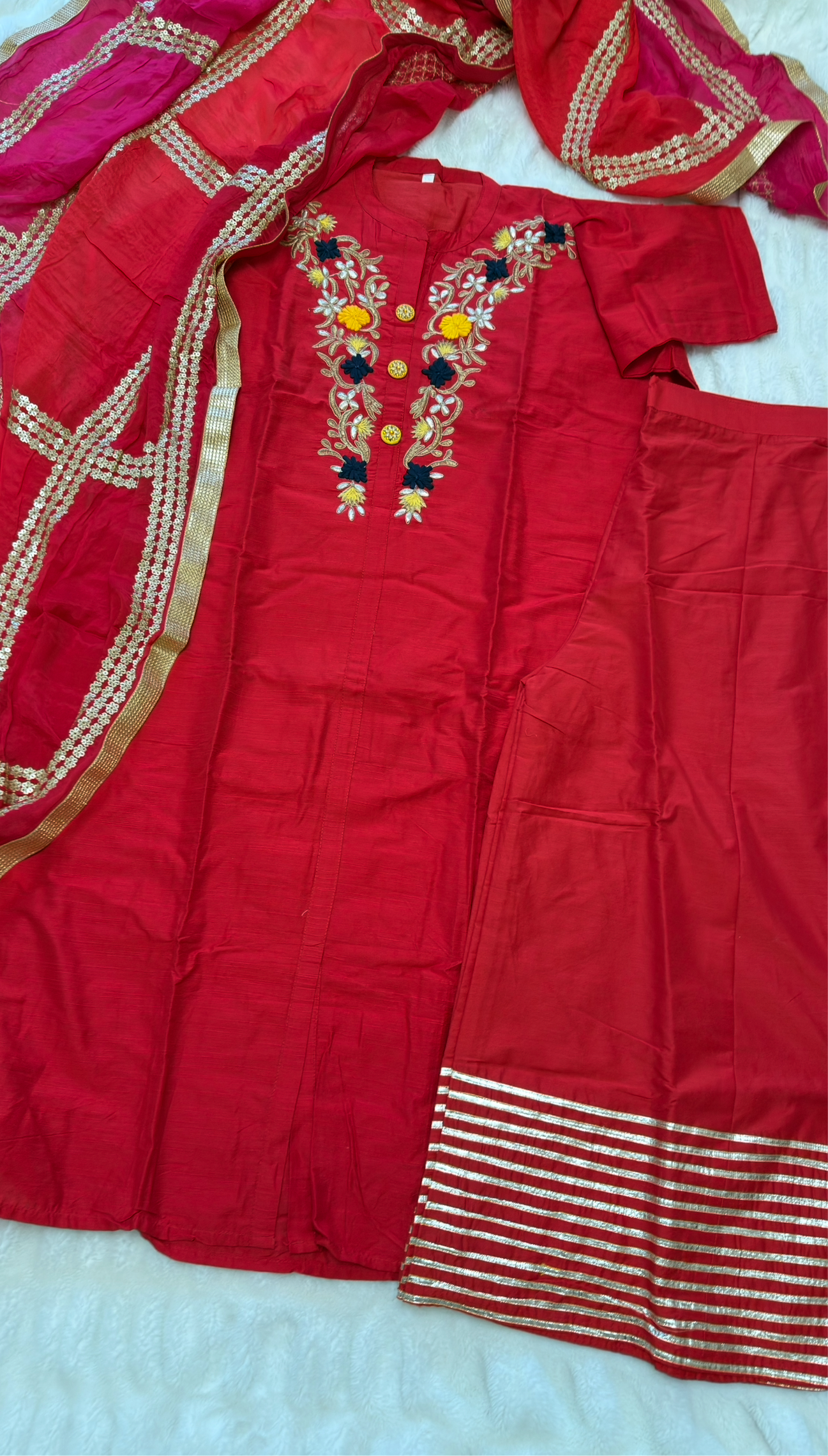 Elegant Plus Size Red Silk Kurta Set with Embroidered Neckline & Contrast Dupatta