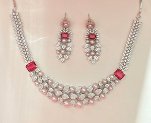 Silver and red / Ruby pearl Cubic zirconia necklace and earrings set