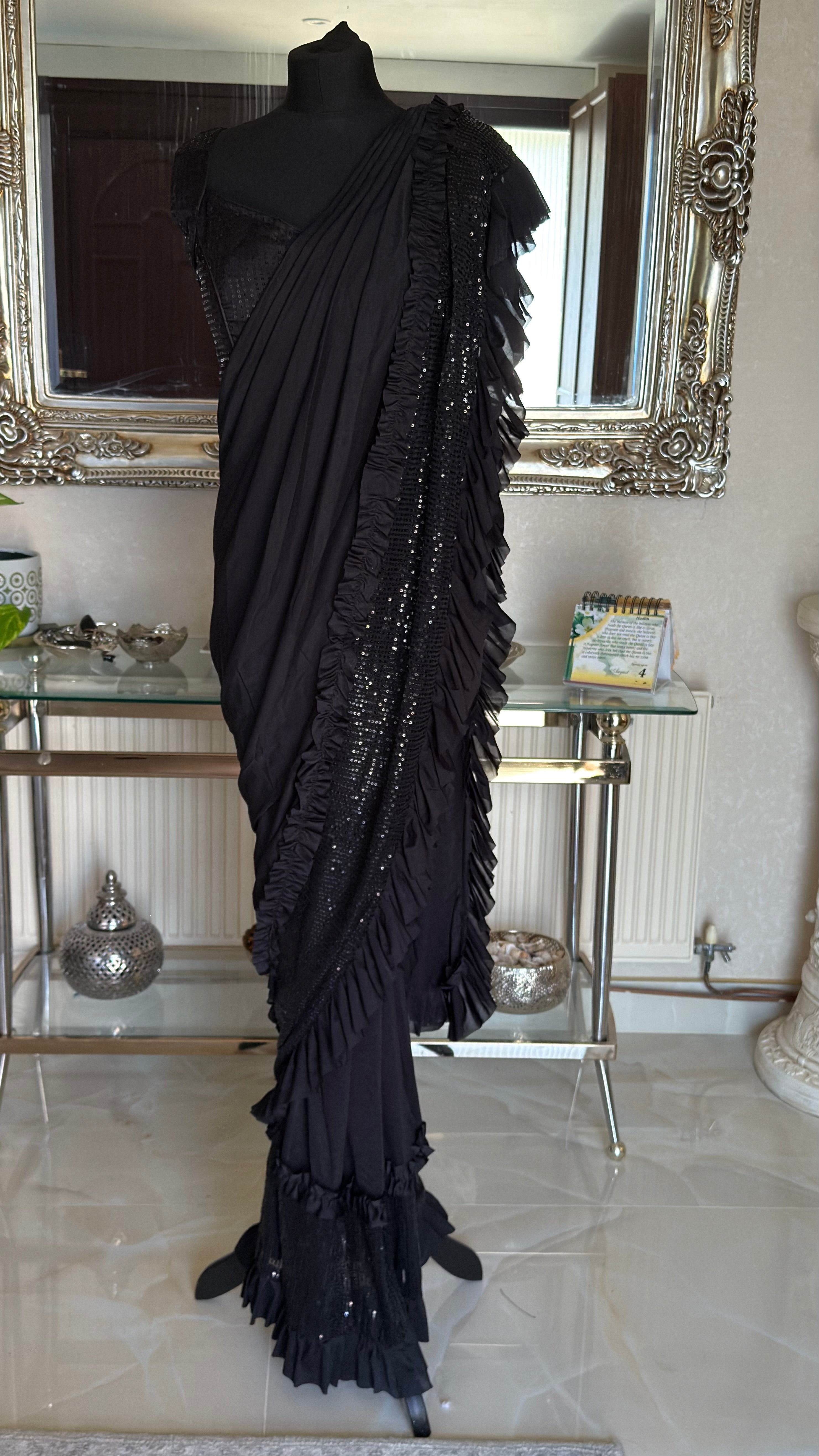 Ready to wear black sequins ruffle saree