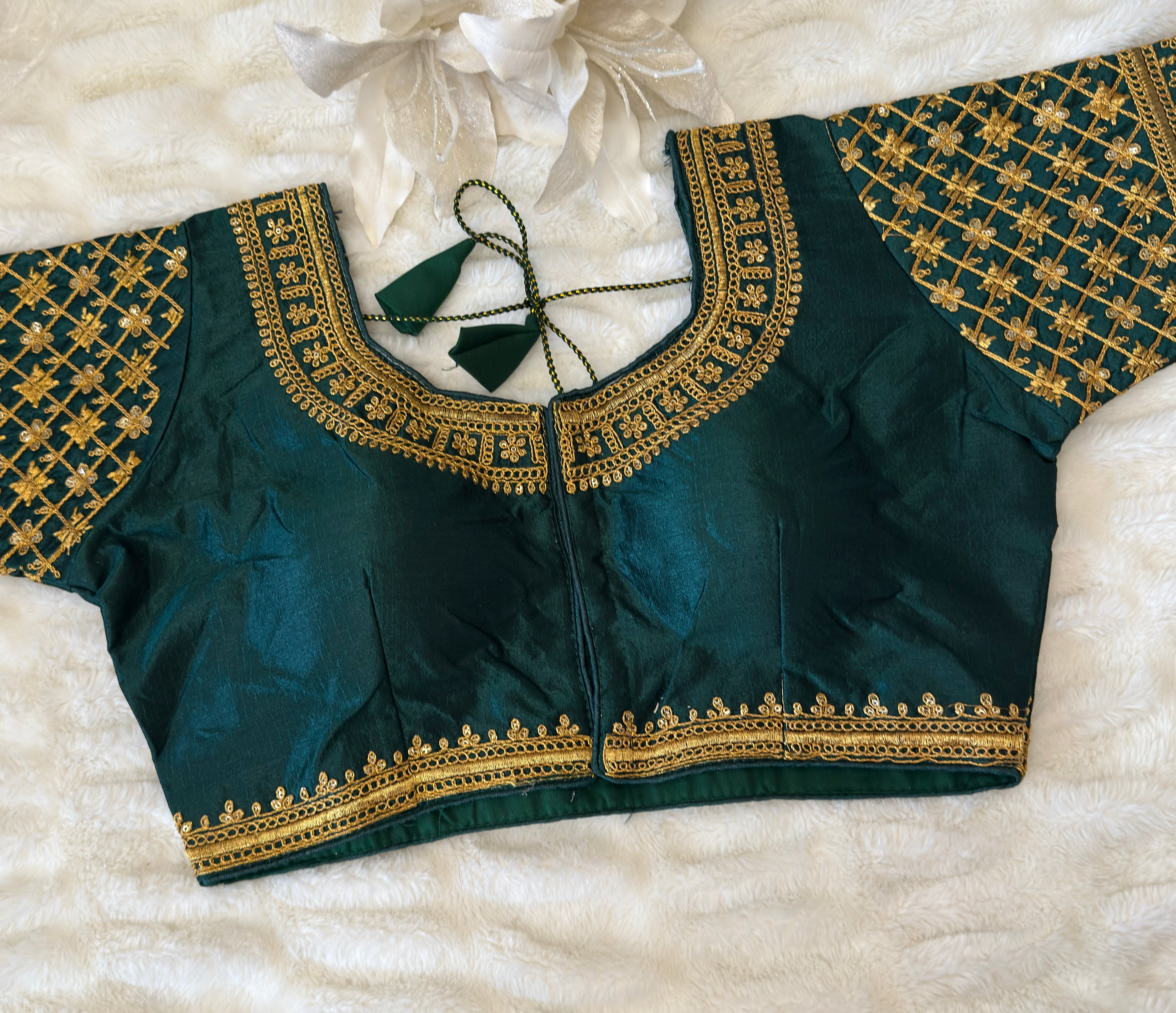 Green Silk Blouse with Sleeves & Gold Zari Embroidery | Designer Saree Blouse