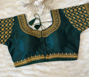 Green Silk Blouse with Sleeves & Gold Zari Embroidery | Designer Saree Blouse