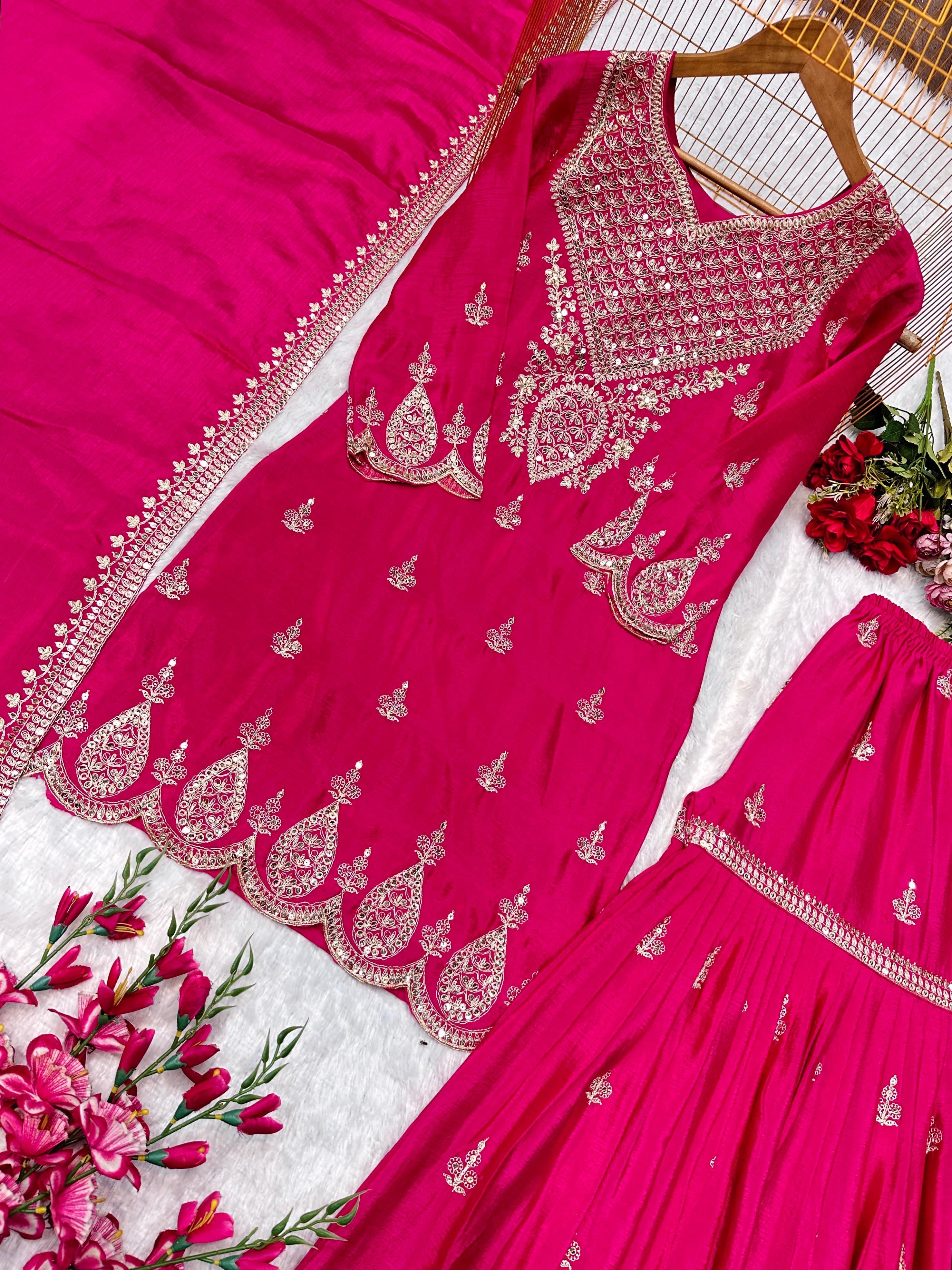 Designer Party Wear Top & Palazzo Set with Embroidered Dupatta (Pre Order)