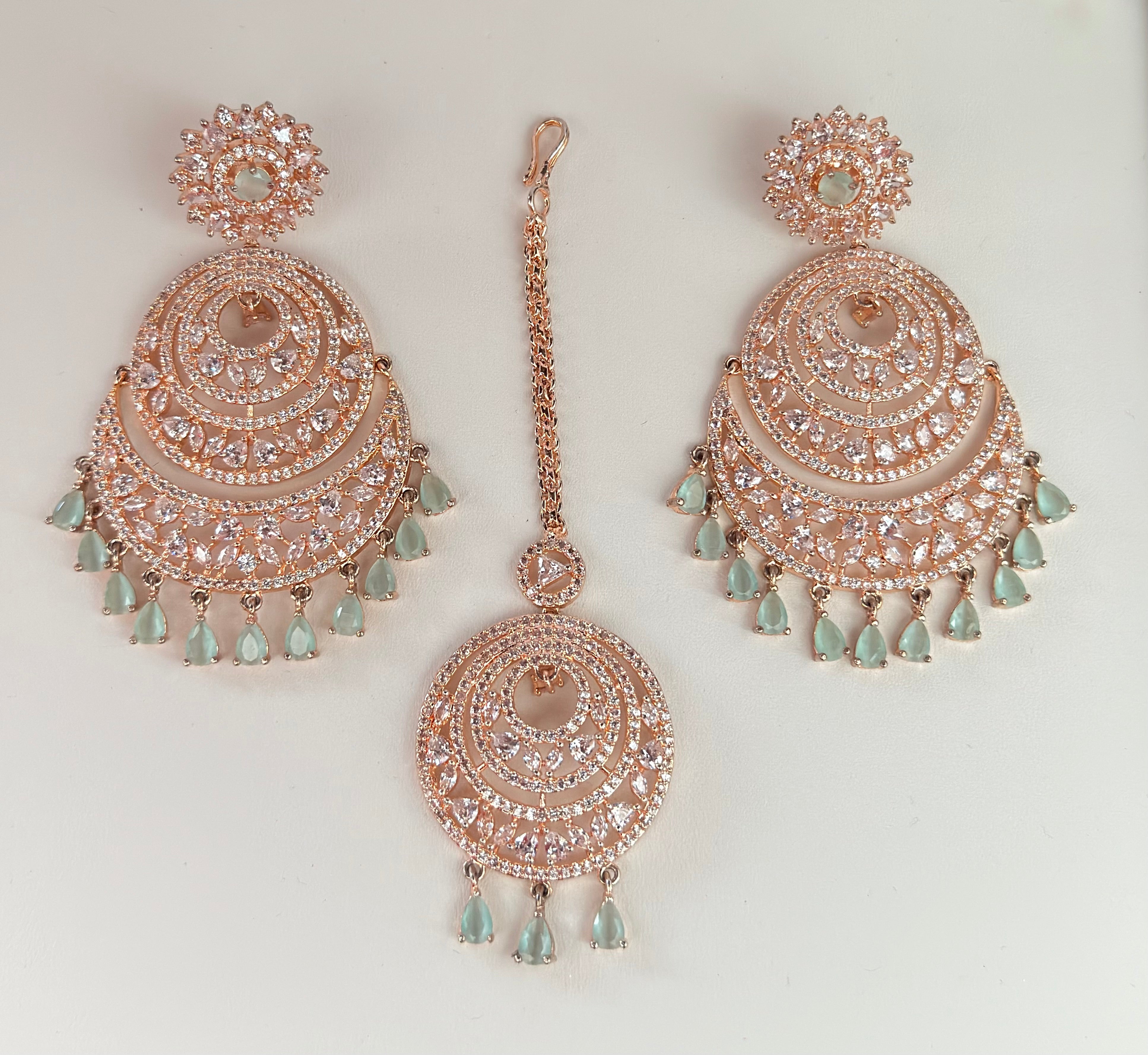 Cubic Zirconia Chandbali Earrings with Maang Tikka | Rose Gold Bridal Jewellery Set | Indian Wedding Earrings | Party Wear CZ Jewelry