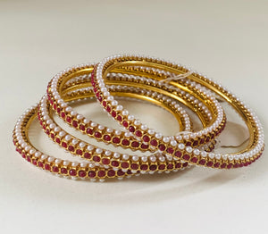 Elegant Ruby and Pearl look Bangles Set | Traditional Gold-Plated Indian Bridal Jewelry