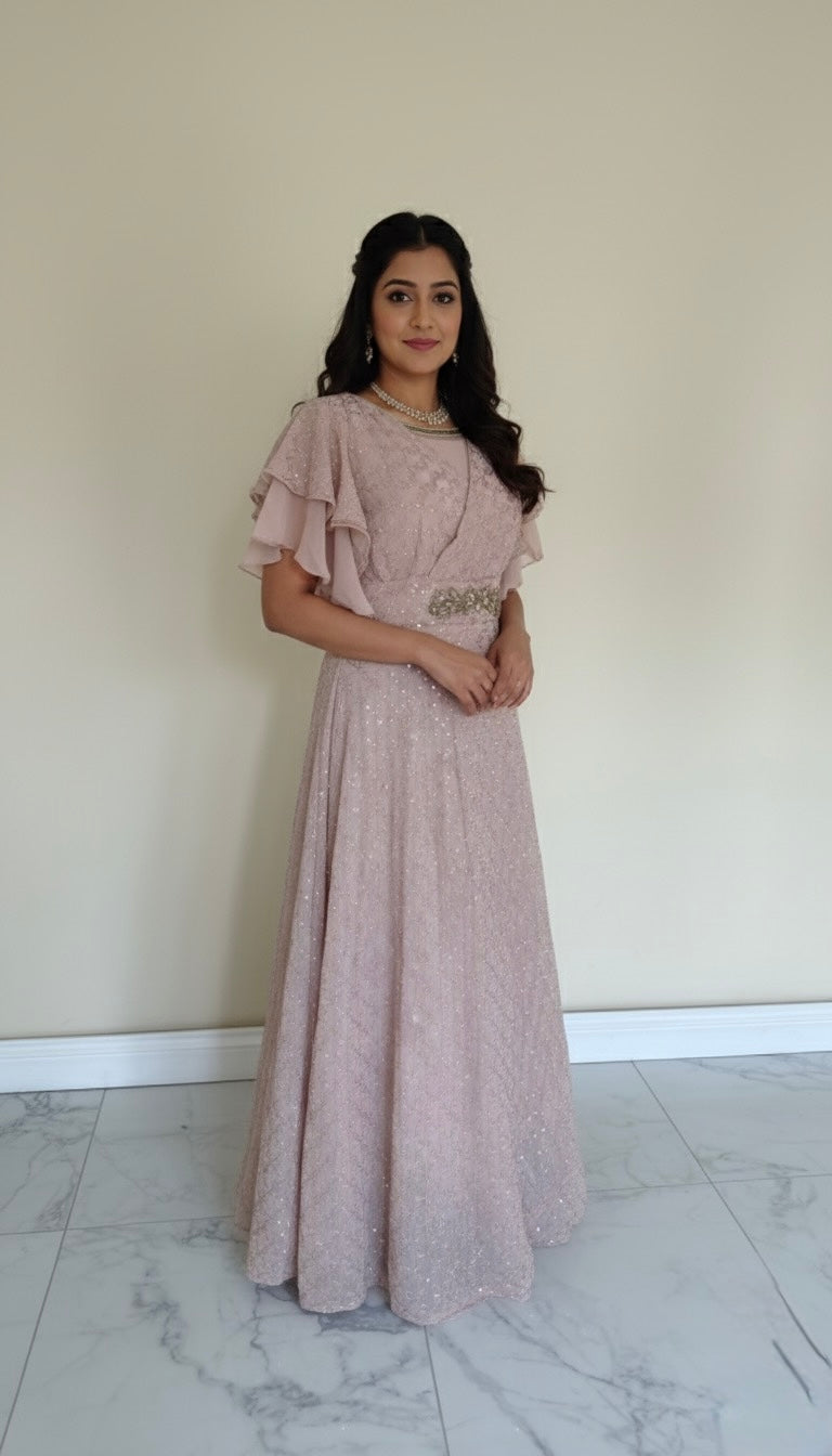 Elegant Dusty Pink Sequin Gown | Partywear Long Dress with Ruffle Sleeves & Embellished Waist
