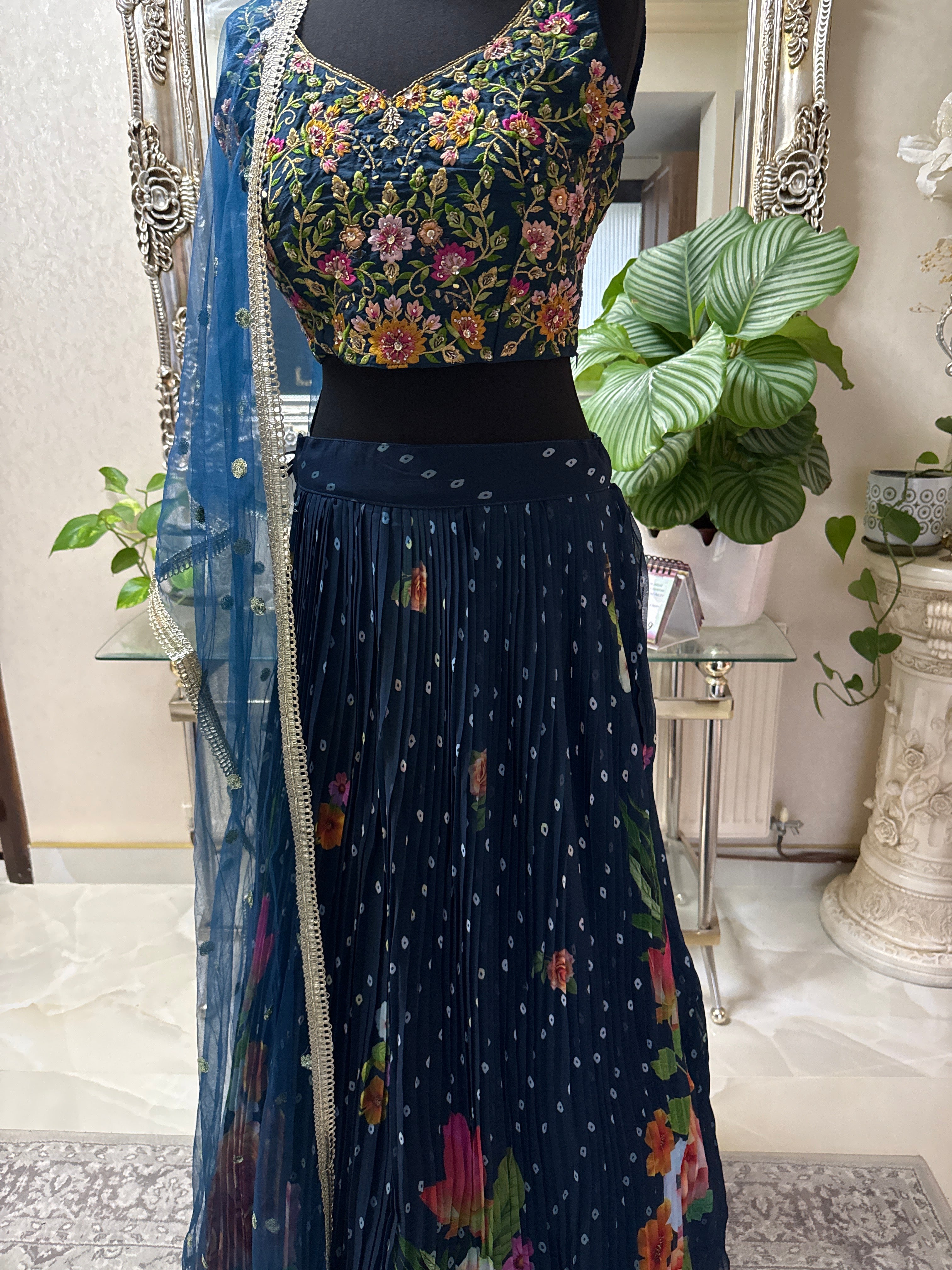 Navy Blue Floral Embroidered Lehenga Choli with Dupatta – Designer Party & Wedding Wear