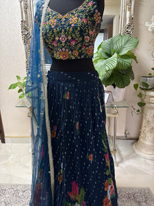 Navy Blue Floral Embroidered Lehenga Choli with Dupatta – Designer Party & Wedding Wear