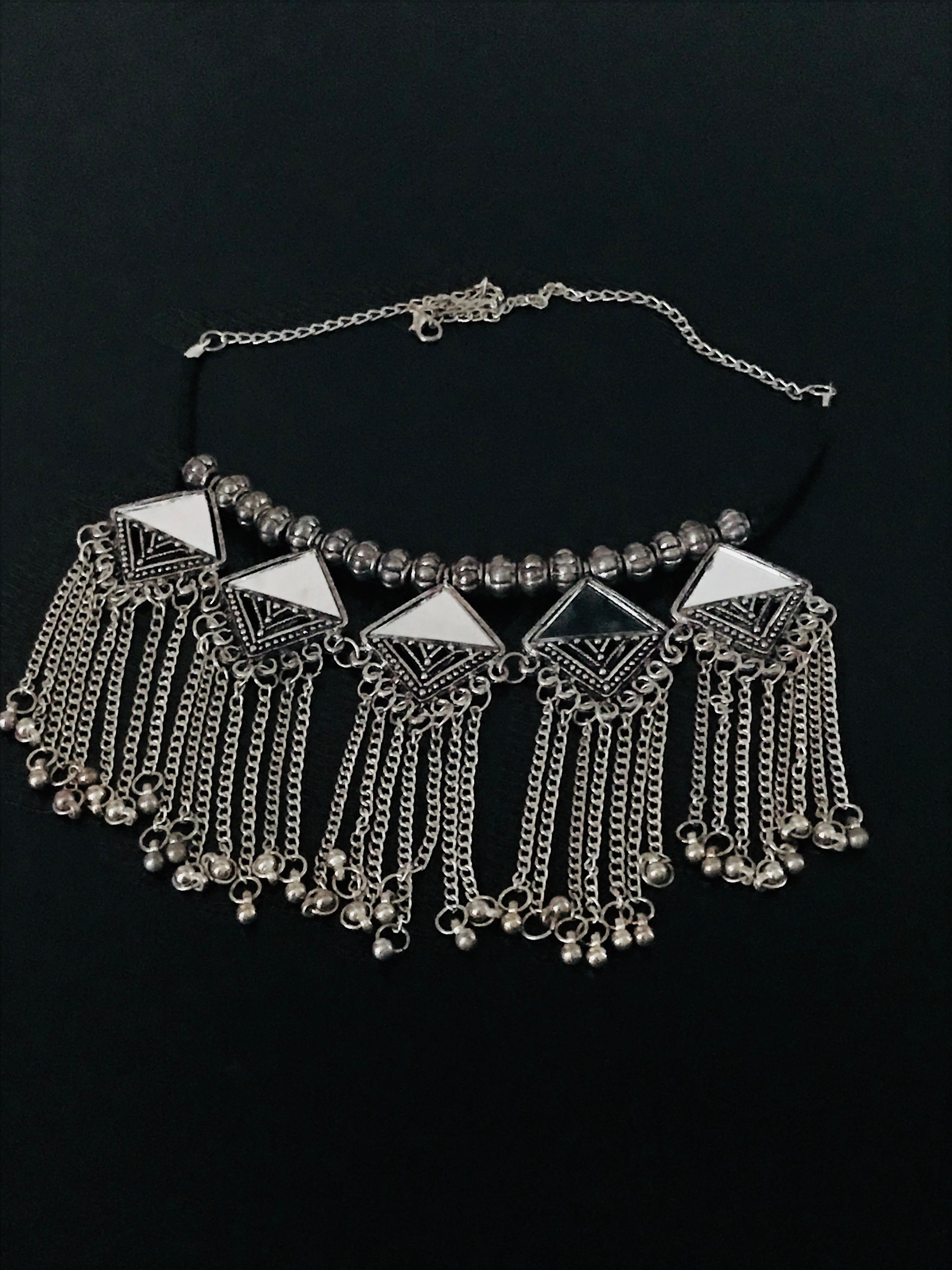 Antique Silver look Tribal Mirror Choker Necklace with Dangling Chains & Ghungroo Beads