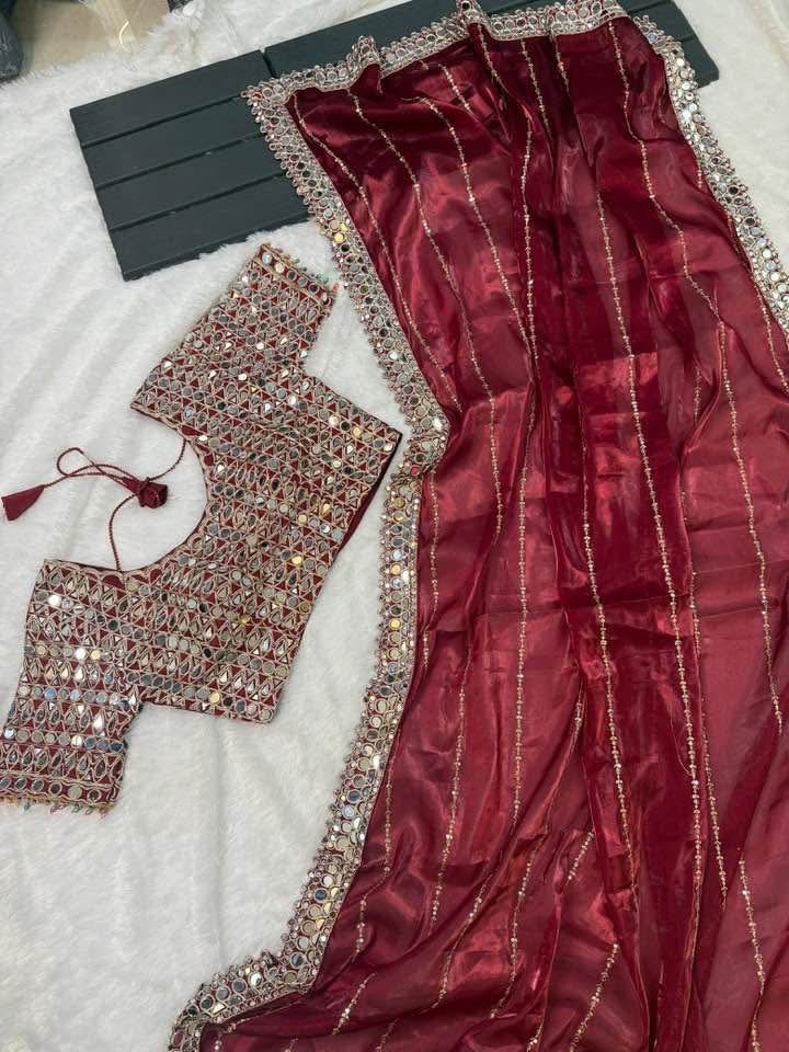 Designer  Mirror Work Saree with Heavy Embroidered Blouse | Party Wear & Wedding Saree