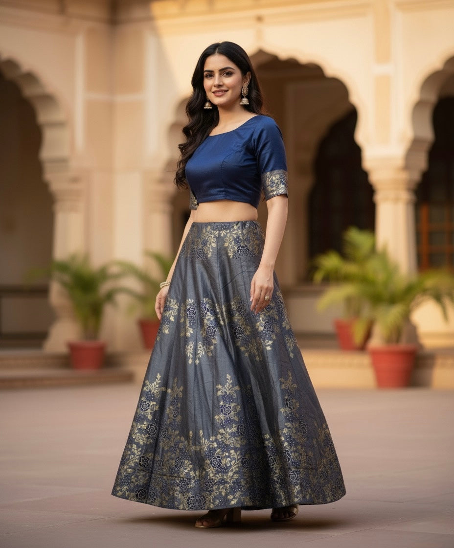 Elegant Banarasi Silk Skirt – Charcoal Gray with Golden Floral Zari Work