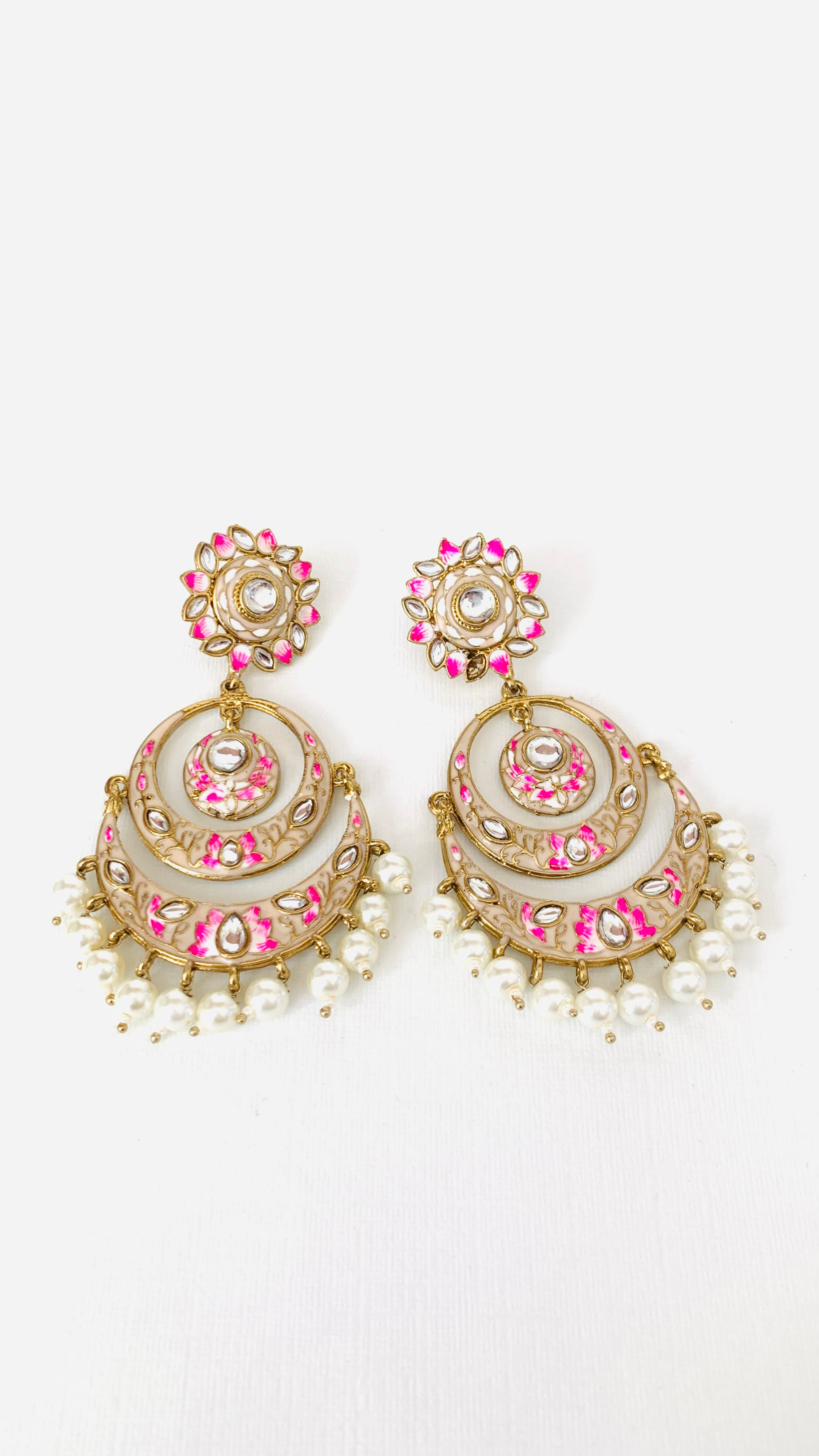 Handpainted Meenakari Kundan Pearl Chandbali Earrings | Traditional Indian Jewelry