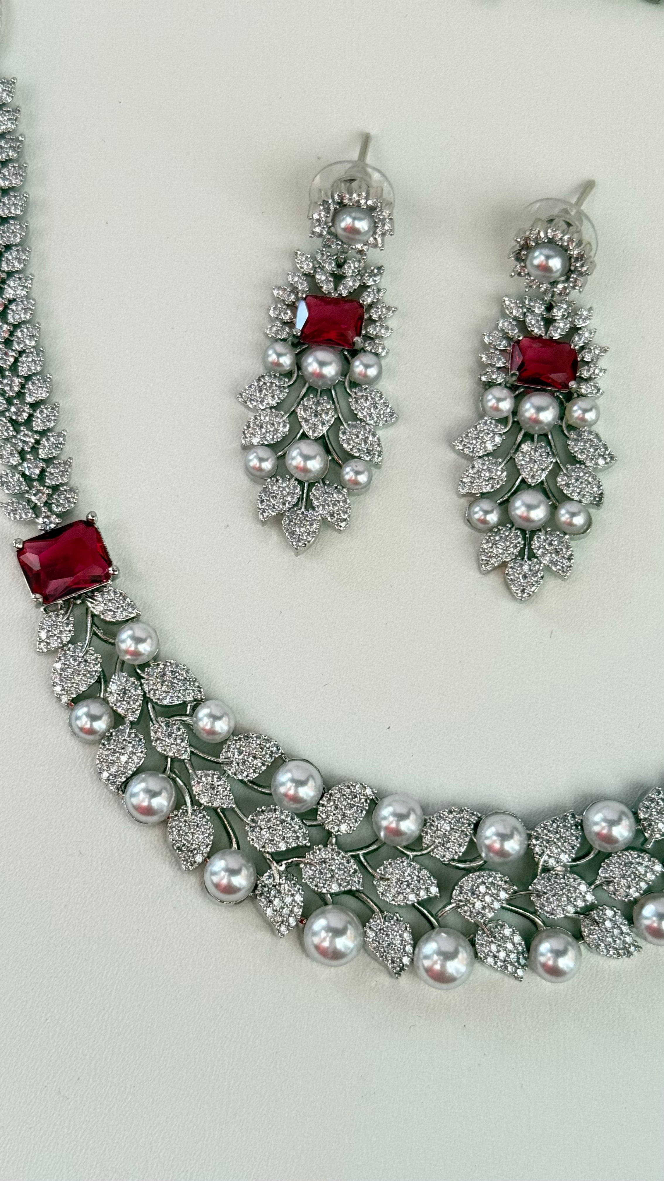 Silver and red / Ruby pearl Cubic zirconia necklace and earrings set