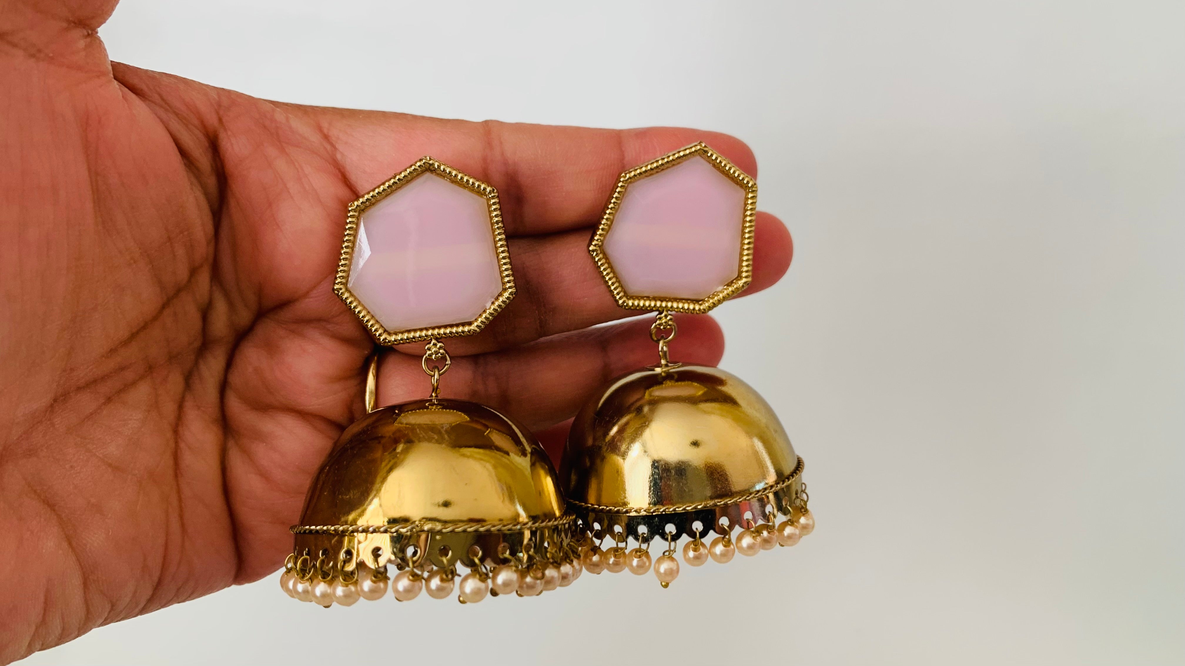 Gold Metal Dome Pink Jhumka Earrings with Pearls | Traditional Ethnic Jewelry