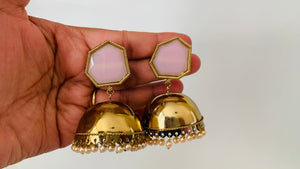 Gold Metal Dome Pink Jhumka Earrings with Pearls | Traditional Ethnic Jewelry