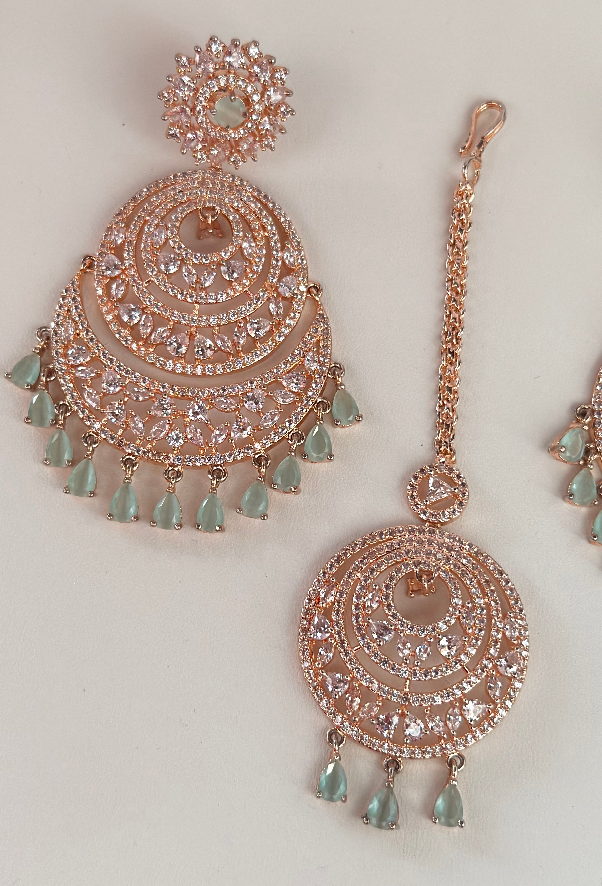 Cubic Zirconia Chandbali Earrings with Maang Tikka | Rose Gold Bridal Jewellery Set | Indian Wedding Earrings | Party Wear CZ Jewelry
