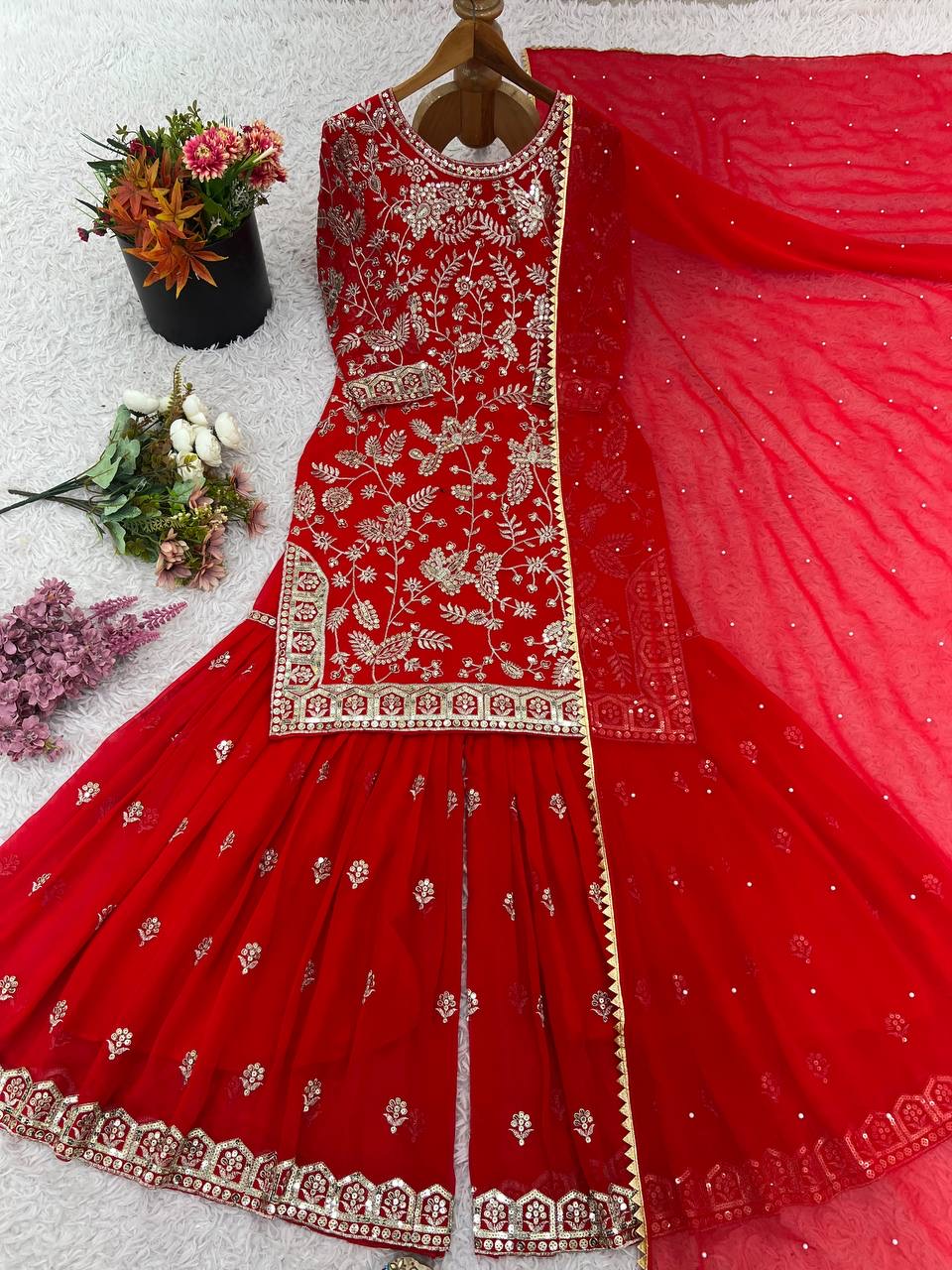Designer Party Wear Embroidered Top-Plazzo with Dupatta – Ready to Wear