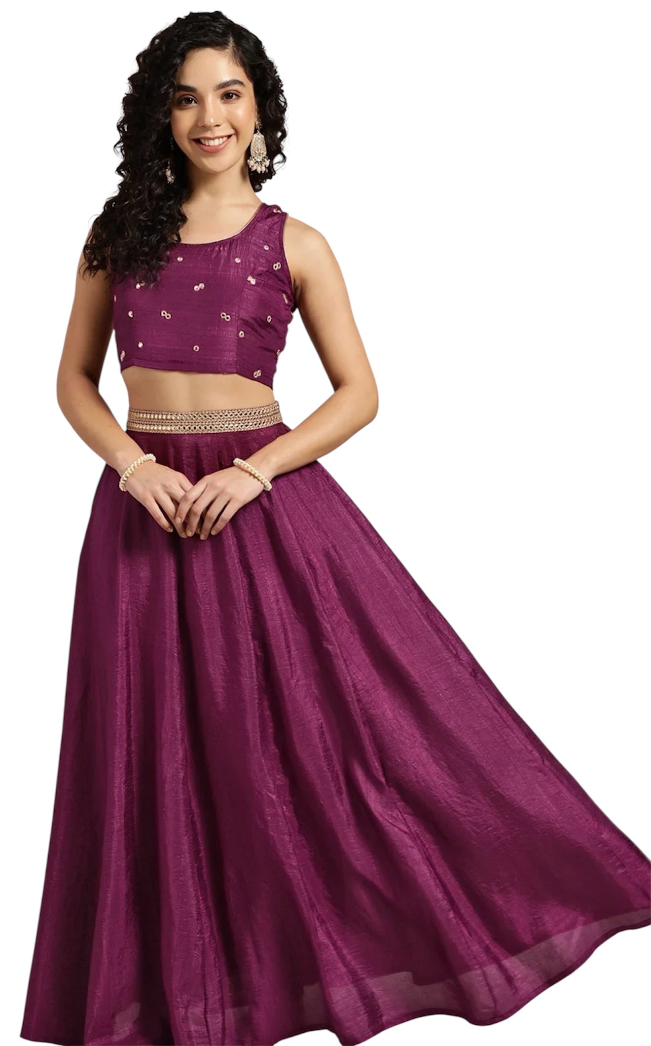 Elegant Plum Silk Party Wear Lehenga Set with Mirror Work Blouse