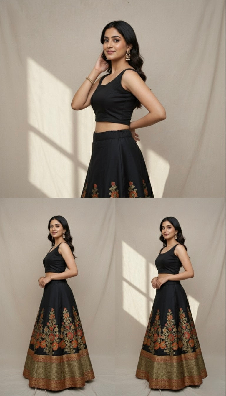 Traditional Banarasi Silk Skirt – black with Red & Gold Floral Zari Work