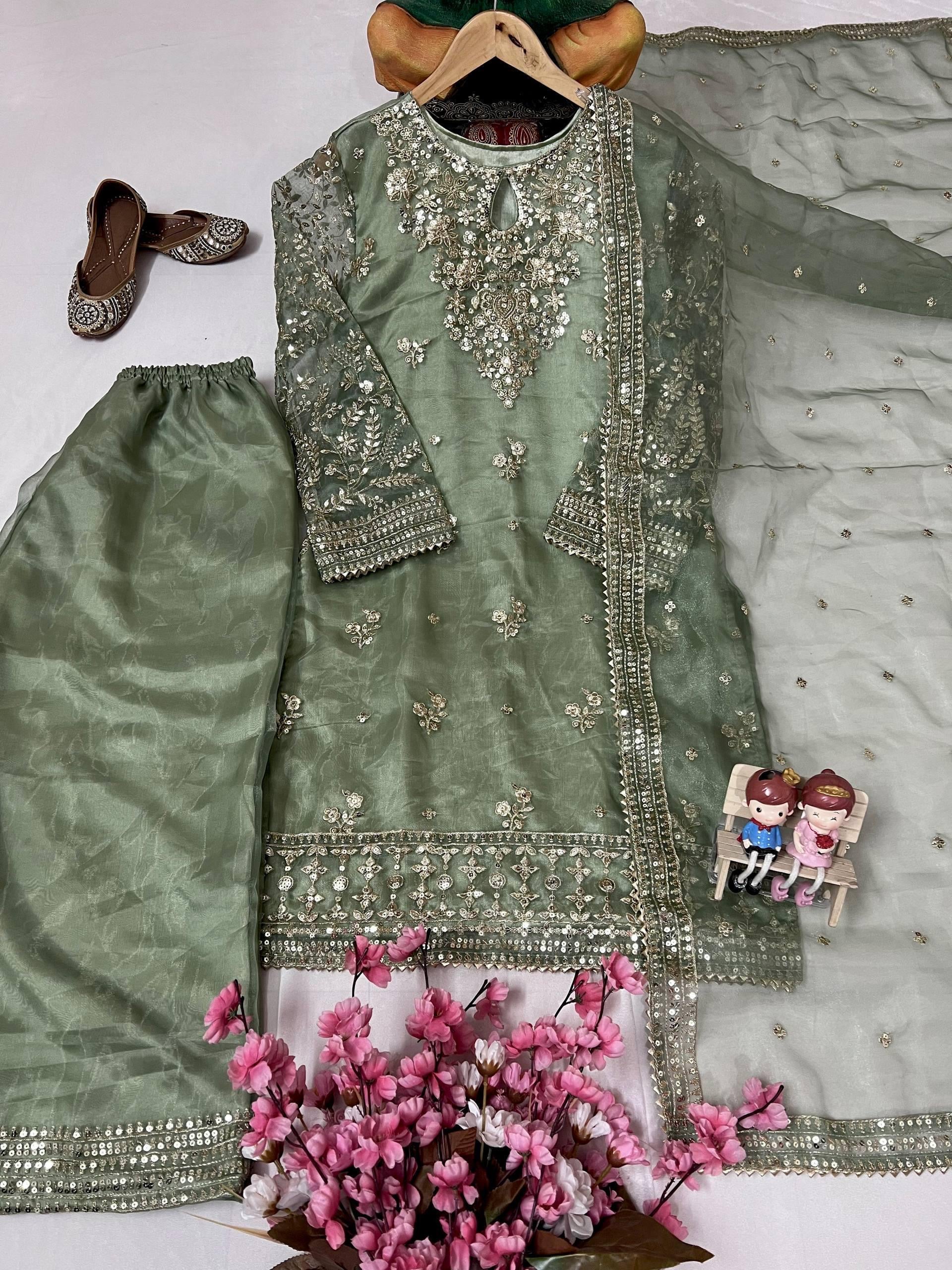 Organza Silk Kurti-Plazzo Set with Zari & Sequins Work - LC 1371