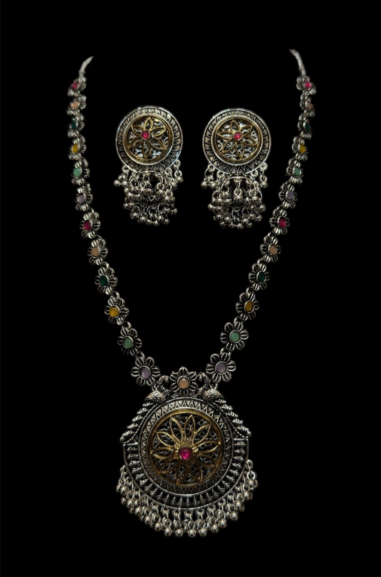 Two tone necklace and jhumka earring set