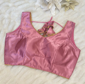 Pink Elegant Satin Silk Blouse with Gold Lace Detailing