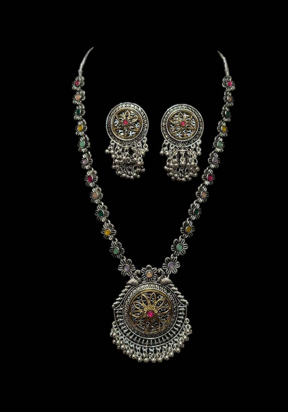 Two tone necklace and jhumka earring set