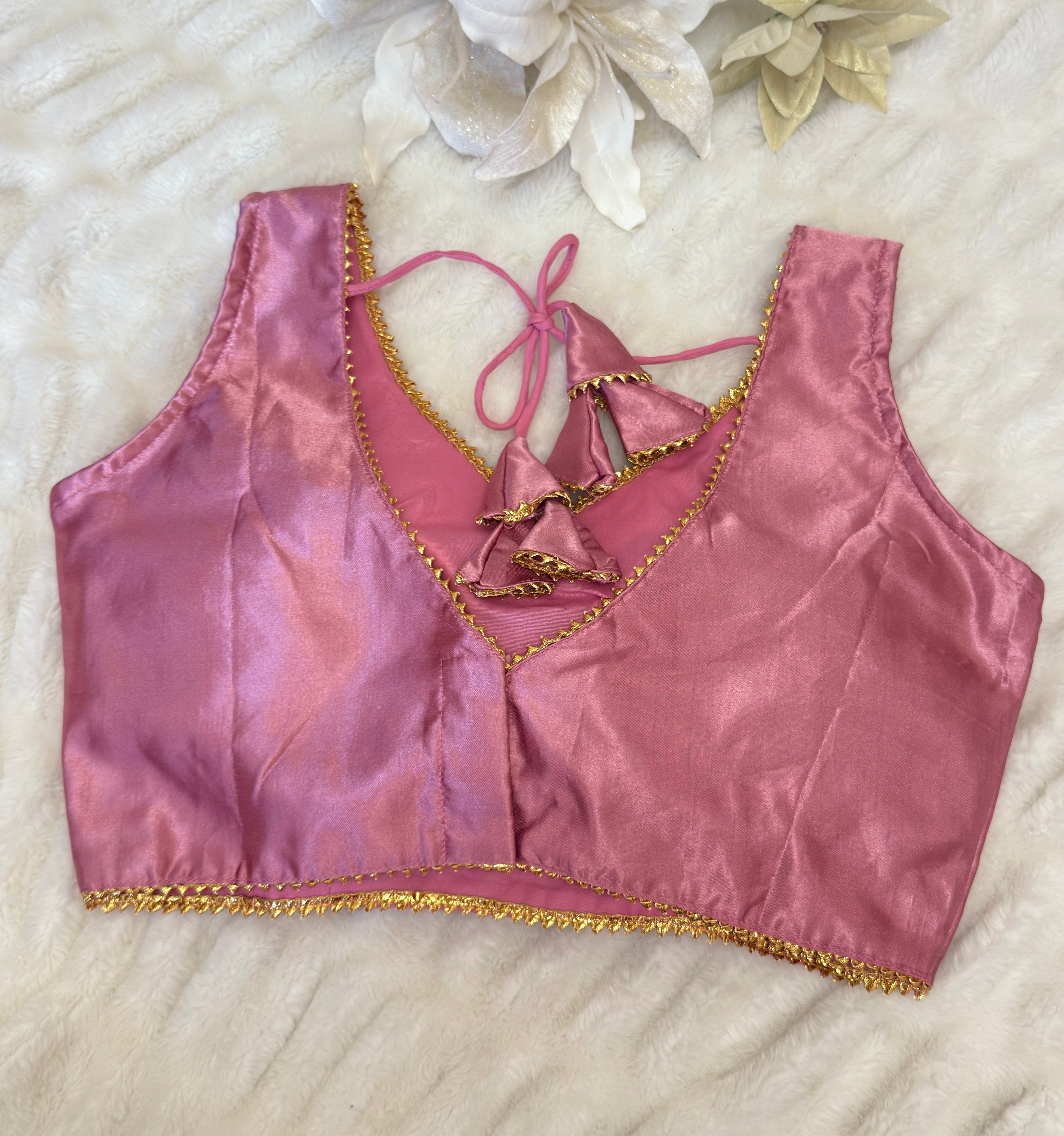 Pink Elegant Satin Silk Blouse with Gold Lace Detailing