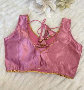 Pink Elegant Satin Silk Blouse with Gold Lace Detailing