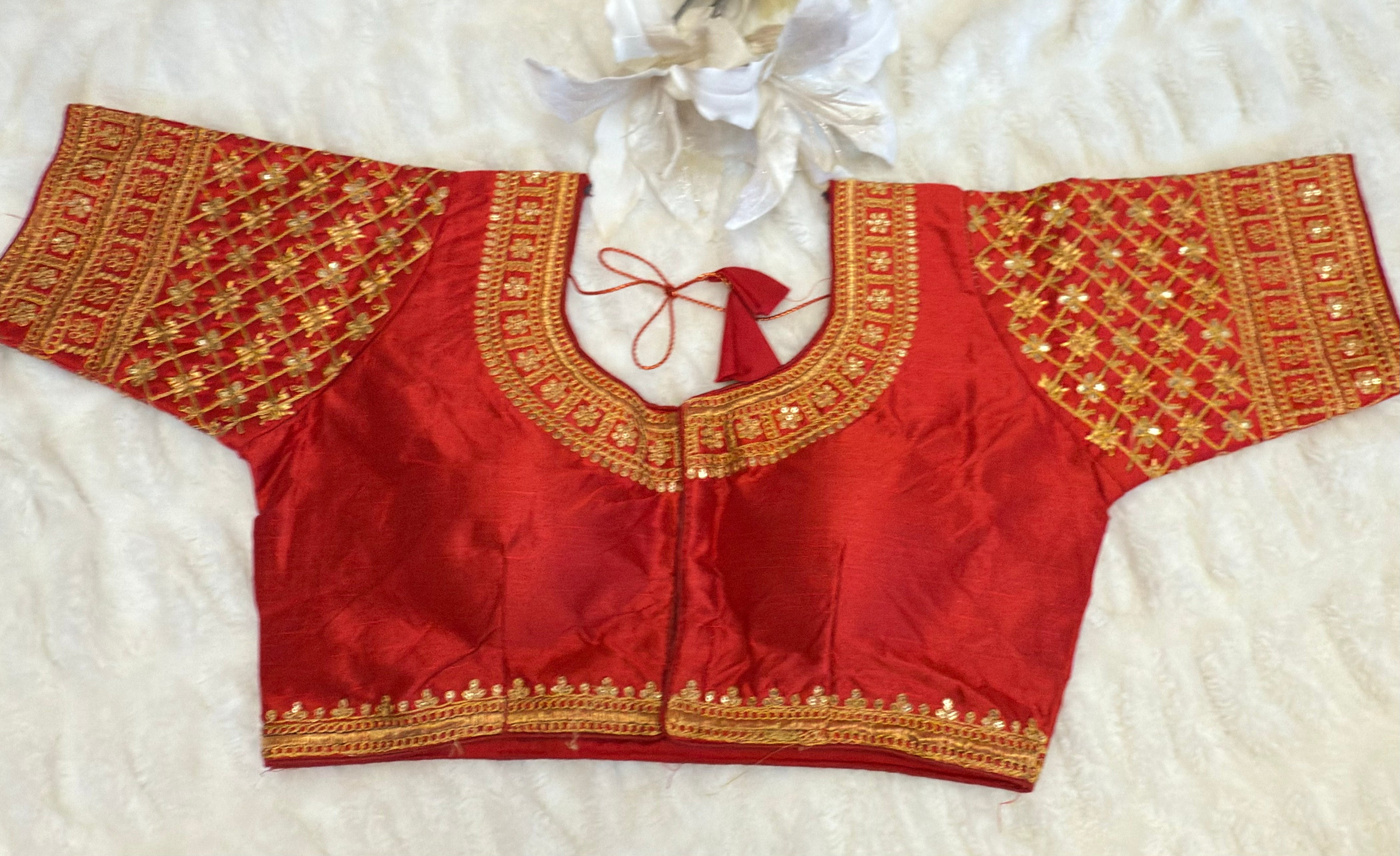 Red Silk Blouse with Gold Zari Embroidery – Ready to Wear