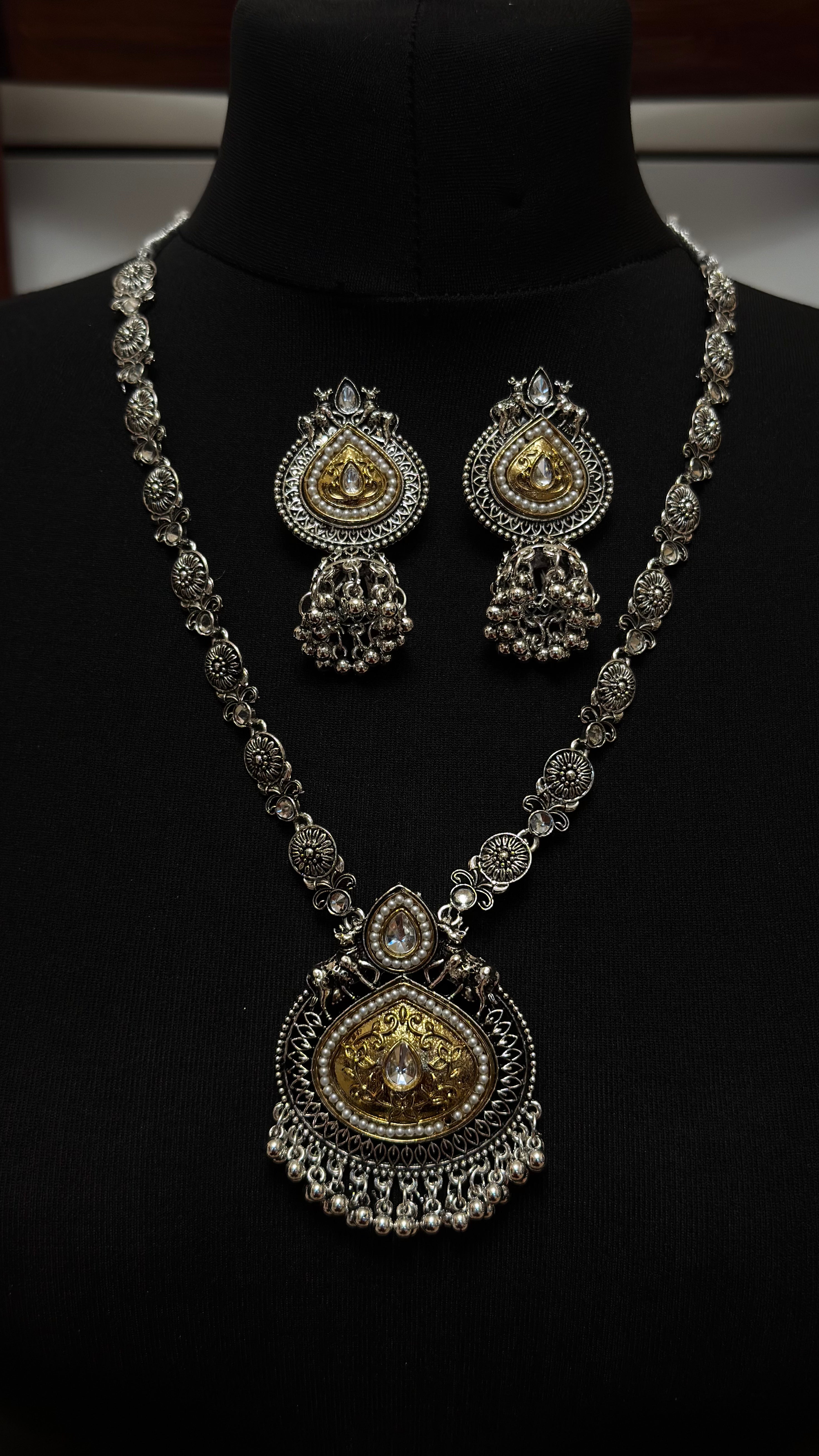 Two tone necklace and jhumka earring set