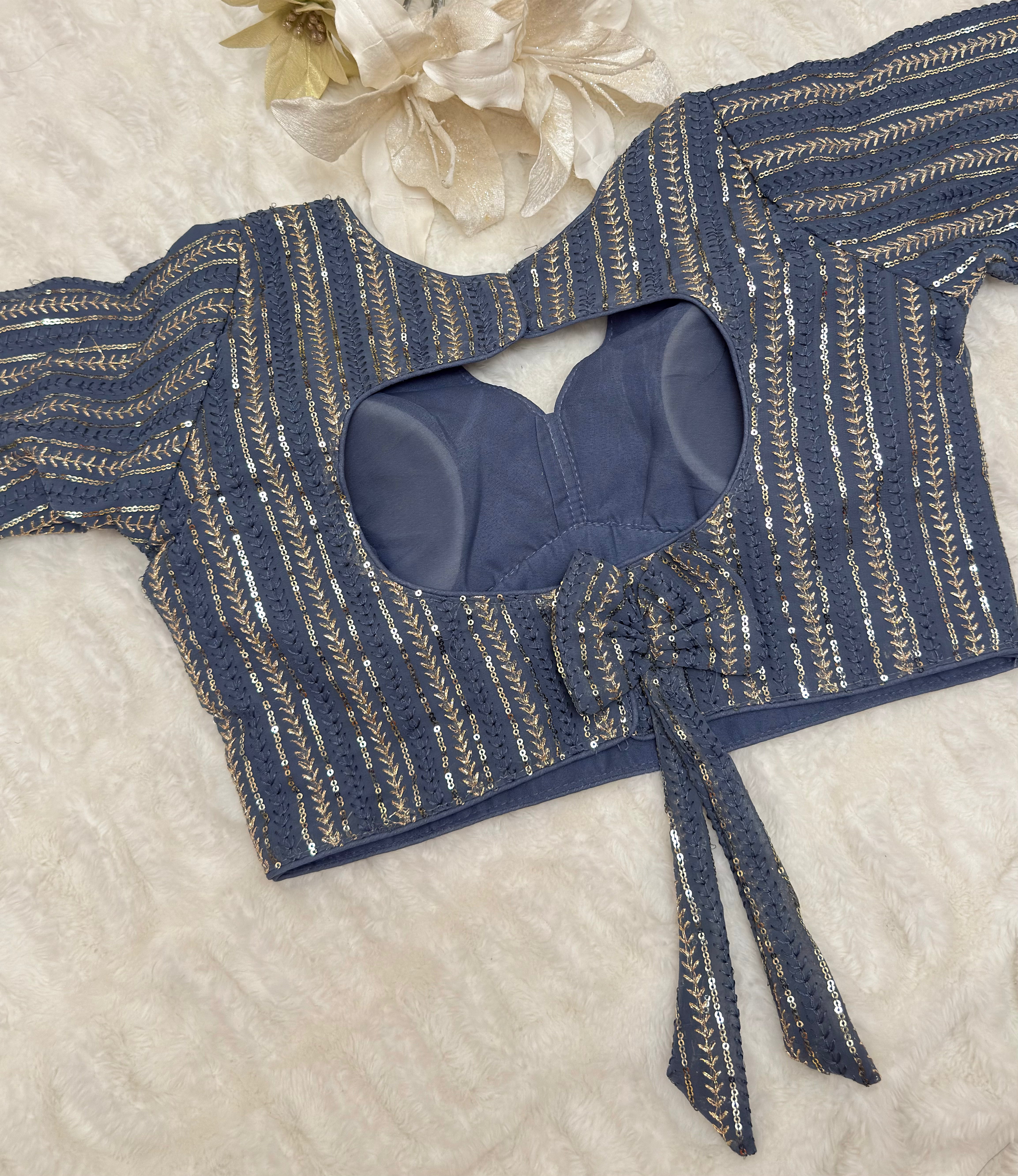 Grey embroidered and sequins Partywear saree blouse readymade