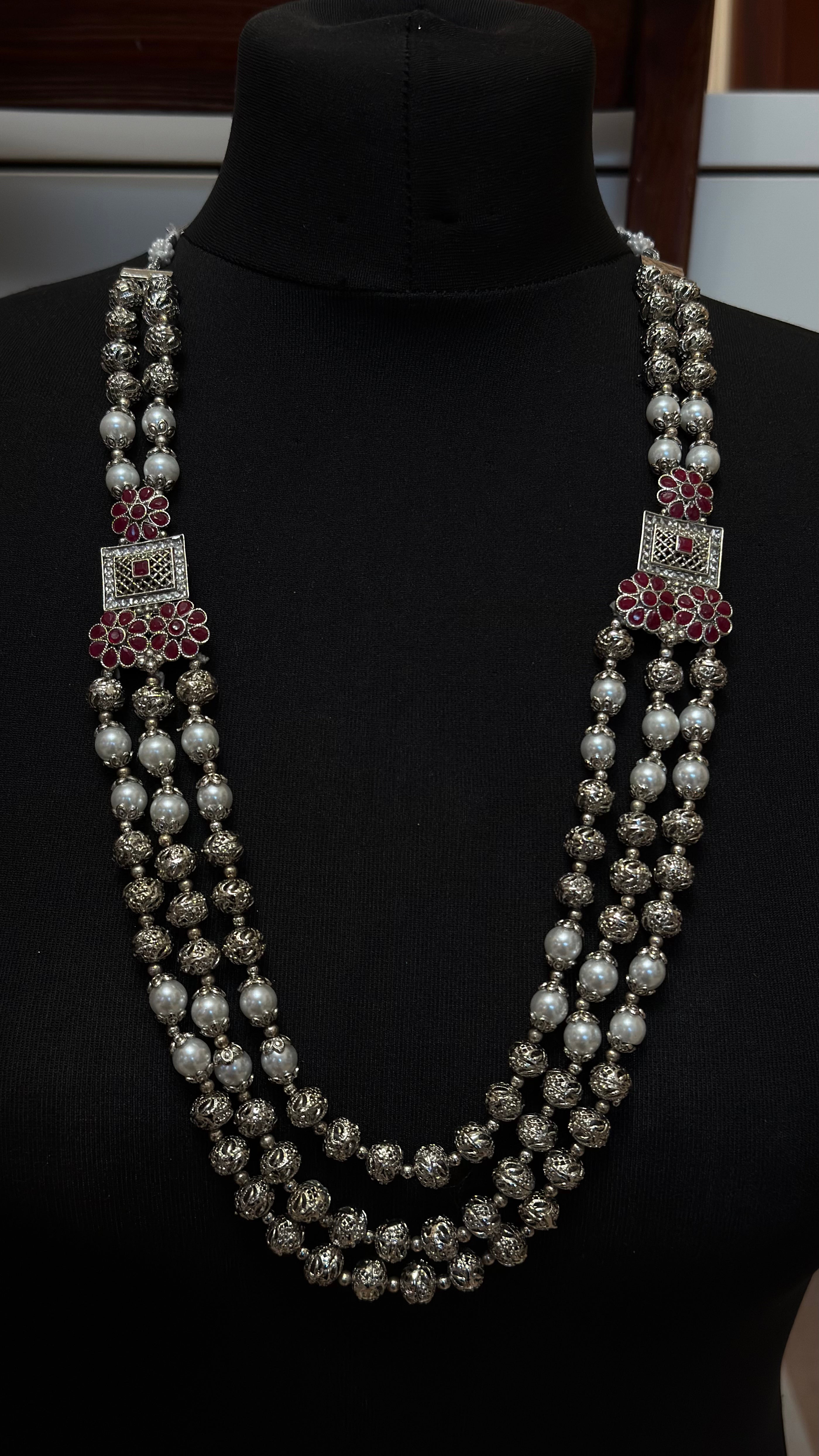 Royal Silver & Pearl Statement Layered Necklace with Floral Accents – Ethnic Indian Jewellery