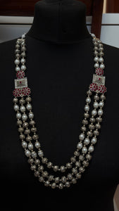 Royal Silver & Pearl Statement Layered Necklace with Floral Accents – Ethnic Indian Jewellery
