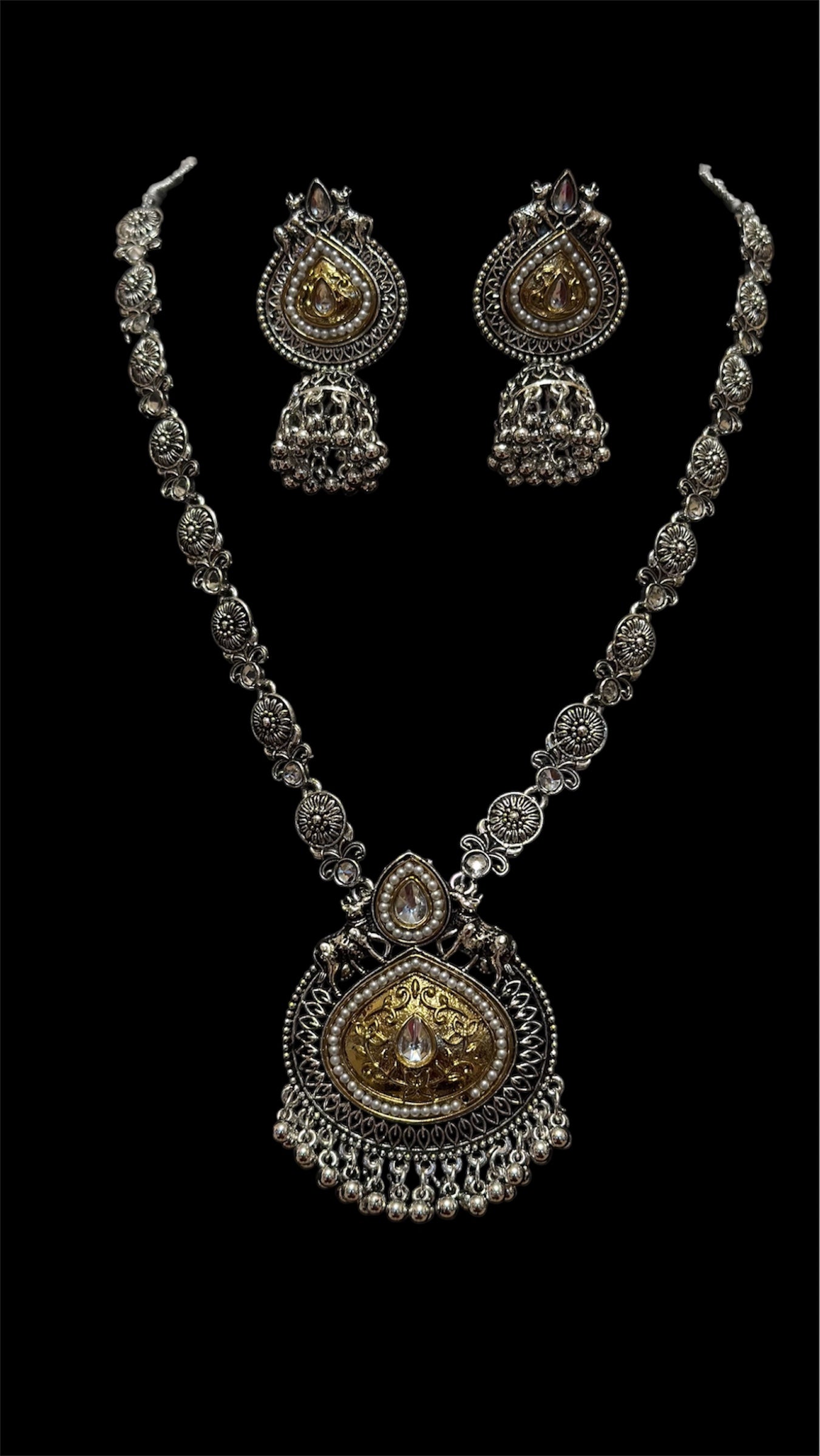 Two tone necklace and jhumka earring set