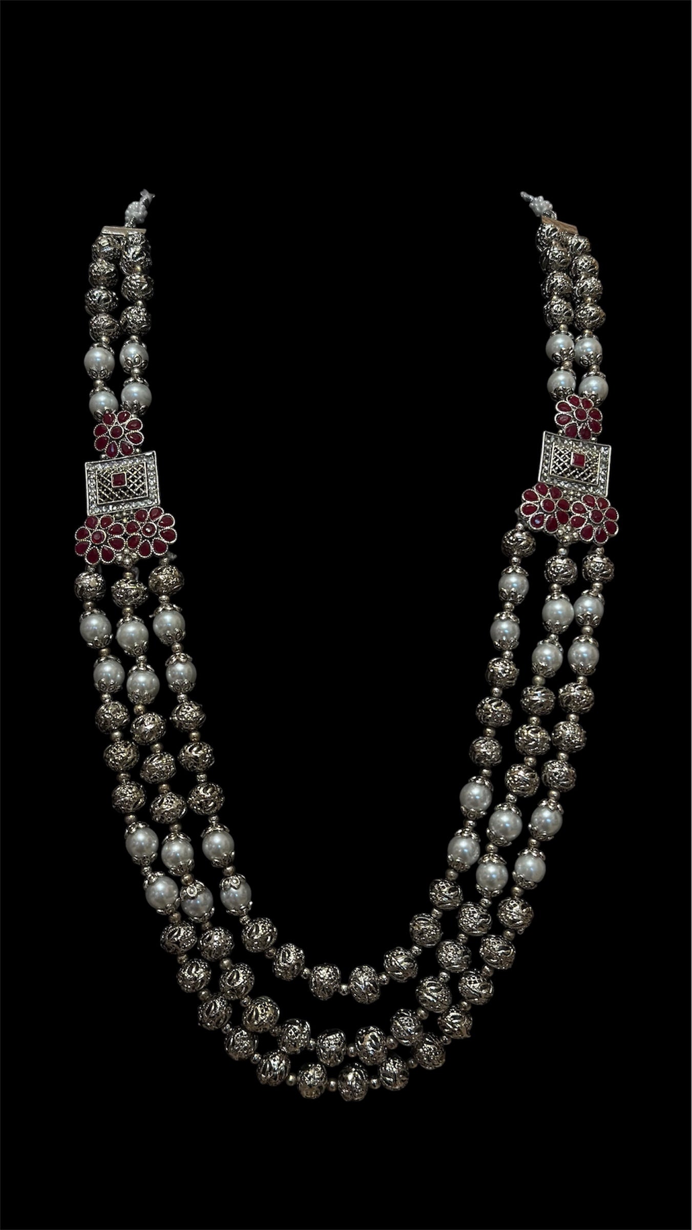Royal Silver & Pearl Statement Layered Necklace with Floral Accents – Ethnic Indian Jewellery