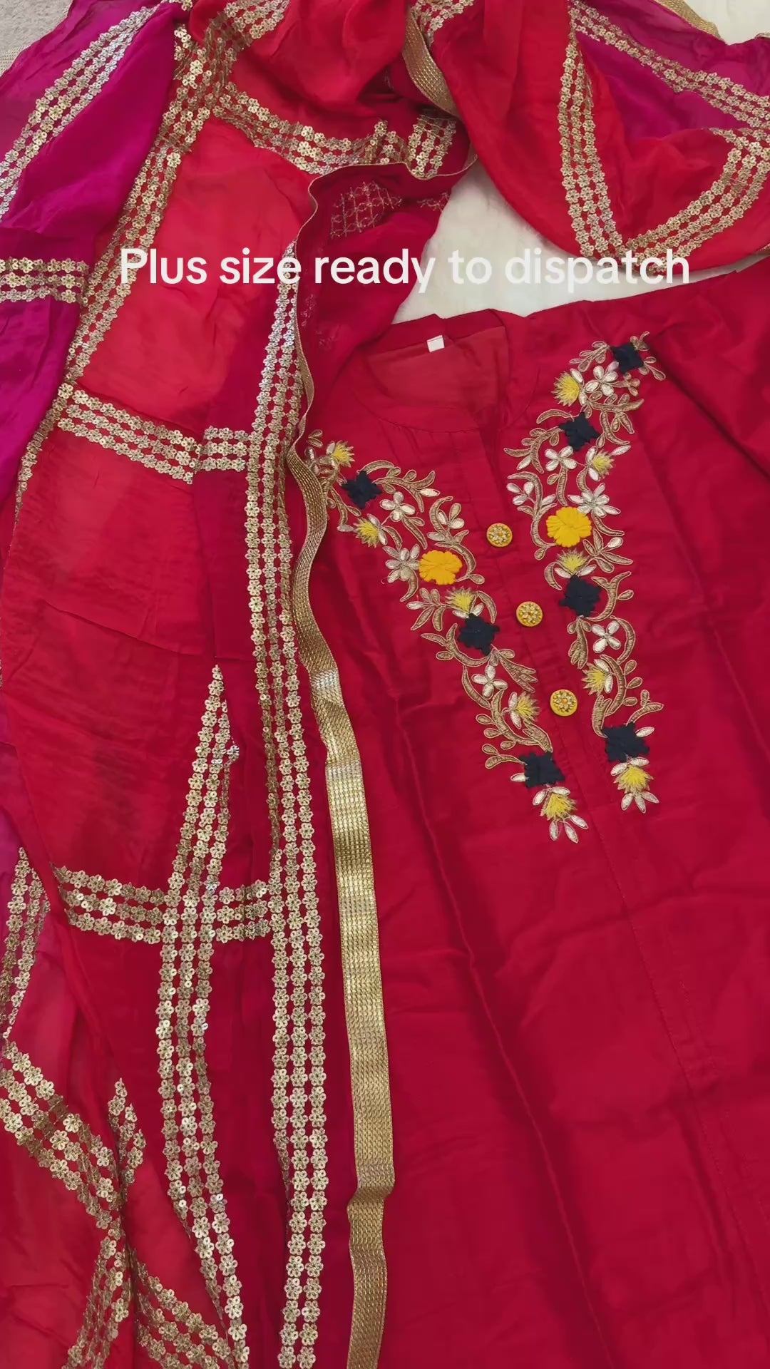 Elegant Plus Size Red Silk Kurta Set with Embroidered Neckline & Contrast Dupatta